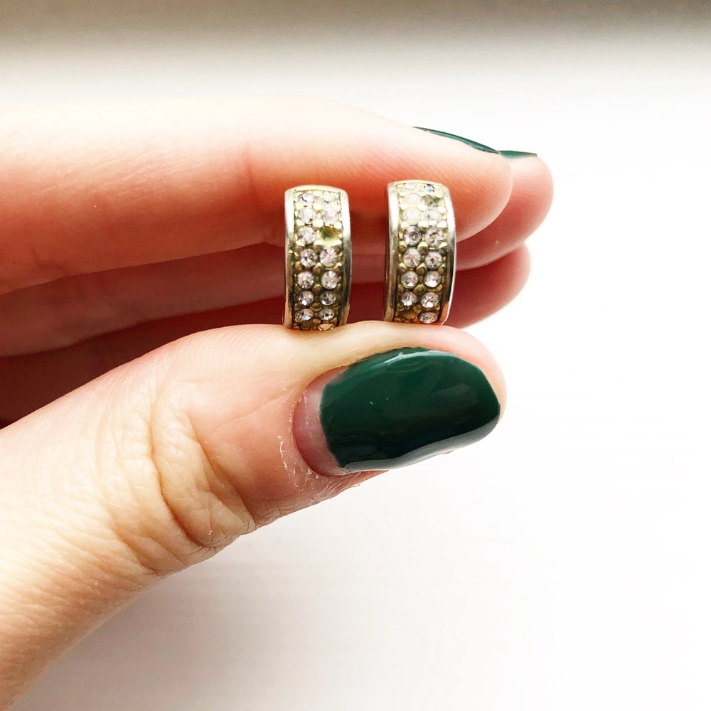 Vintage small two-tone & rhinestone hoop earrings
